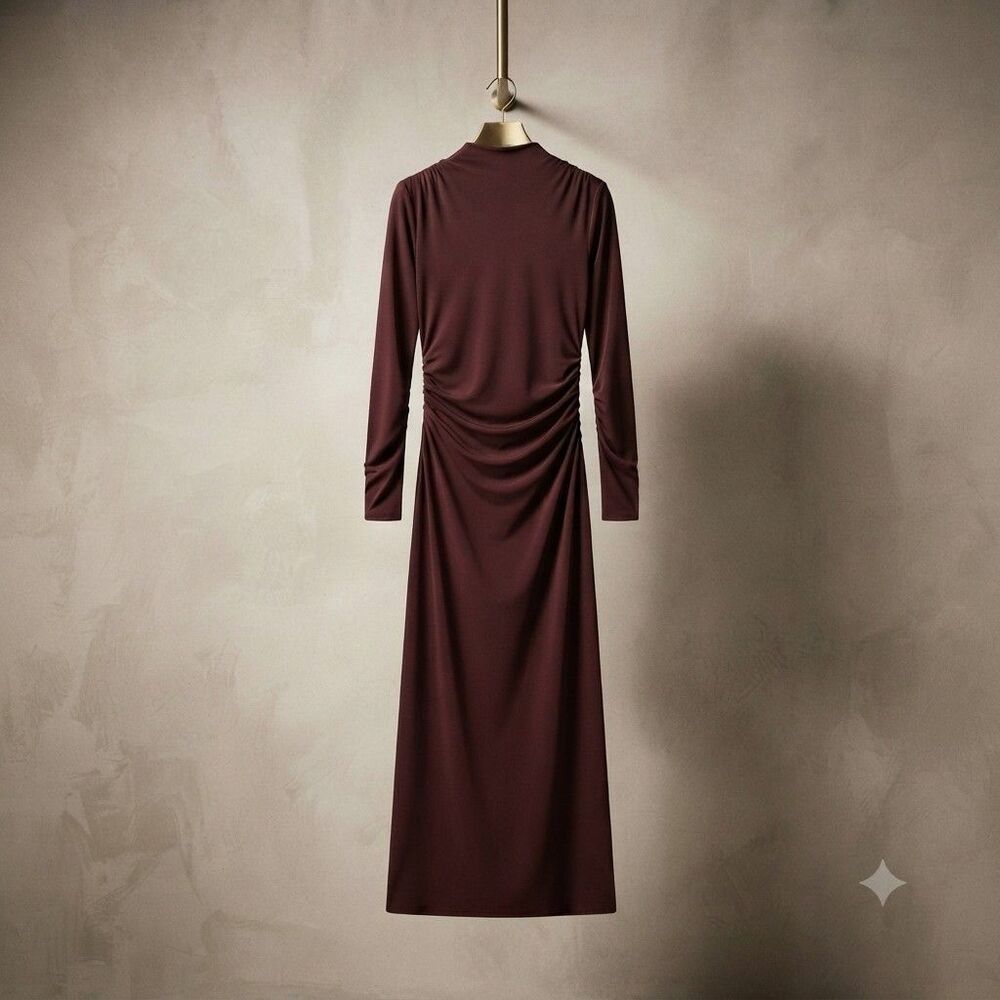 Zara Ruched Draped Midi Dress Women XS Brown Mock Neck Long Sleeve